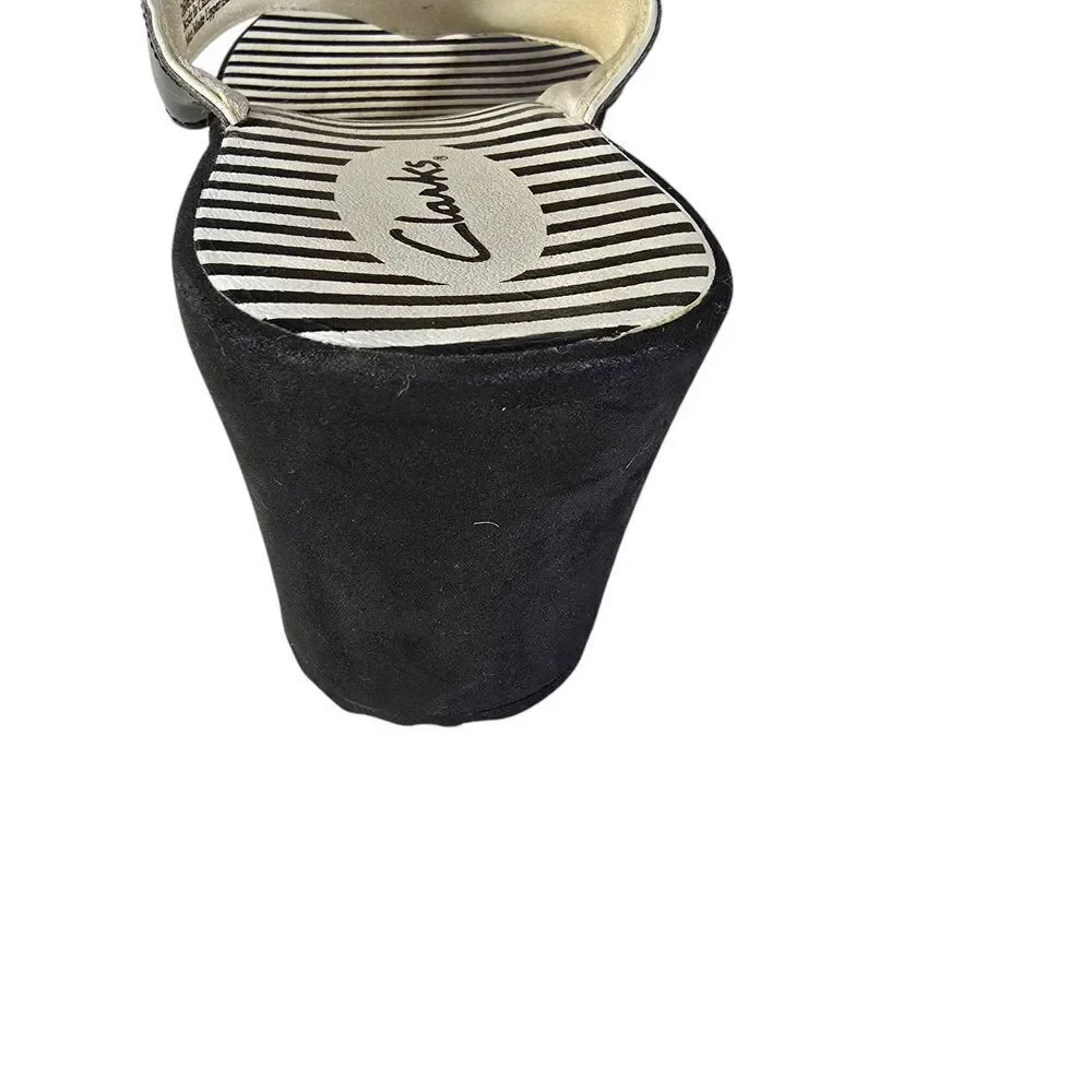 Clarks Black and White Wedge Sandals with Striped Footbed